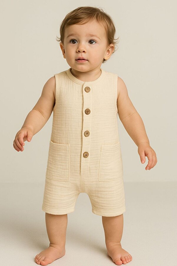 Mai Perla Organik Müslin Yazlık Naturel Cepli Bebek Tulum