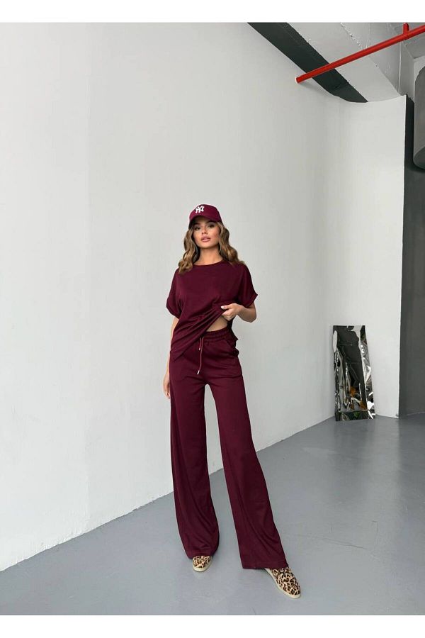 soBasic-Modal Fabric Crew Neck Elastic Waist Wide Leg Tracksuit Set 1