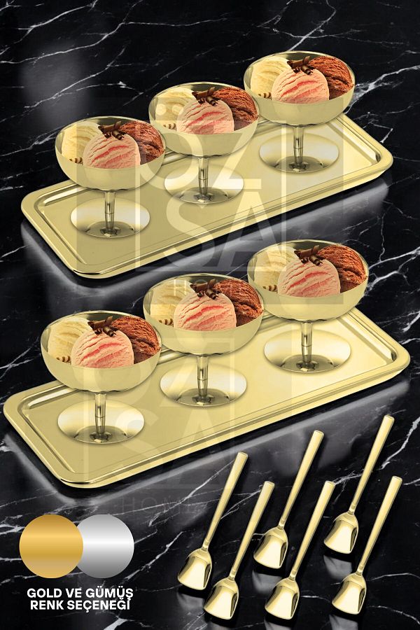 ÖzSa Home-6-Person Gold Ice Cream Server Presentation Set Footed Ice Cream Dessert Bowl 2 Tray Ice Cream Spoon Set 1