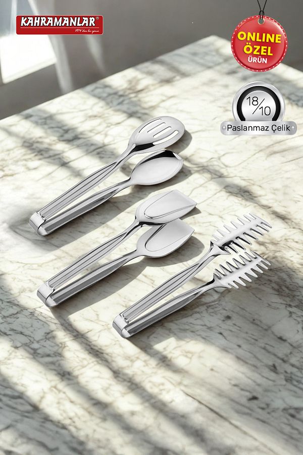 Kahramanlar-Demre 3-Piece Platinum Steel Grilled Salad Crepe Tongs Set 1