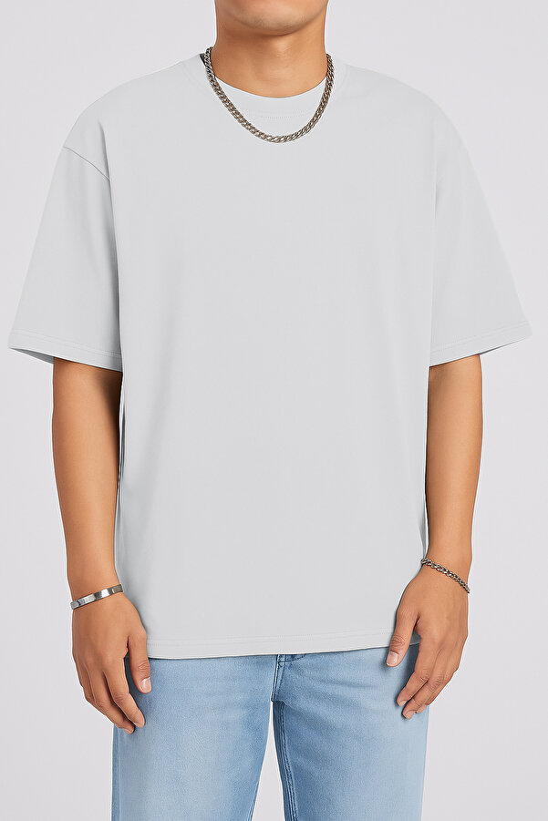 Unisex Oversize %100 Pamuk Geniş Kesim Yumuşak Dokulu Basic Bisiklet Yaka Ice Gri T-Shirt RF0506
