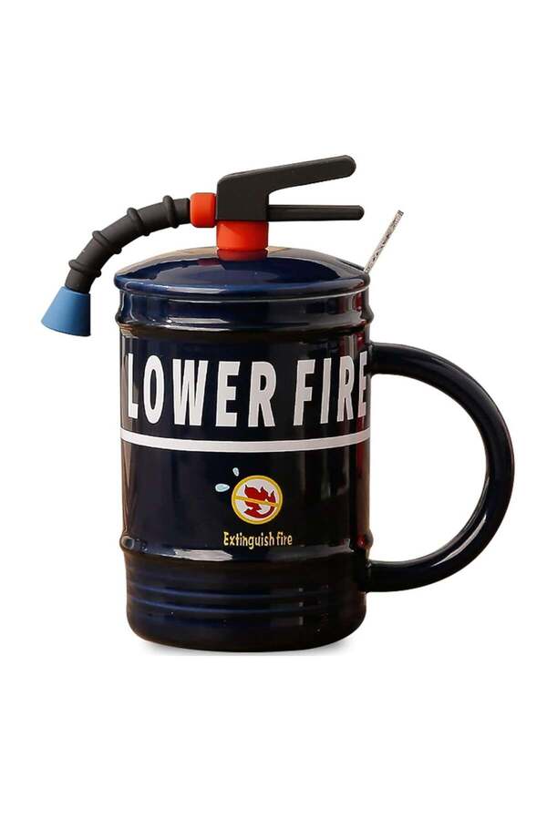PUFO-Cană ceramică Stop Fire cu capac și linguriță pentru cafea sau ceai, 400 ml, albastră 1