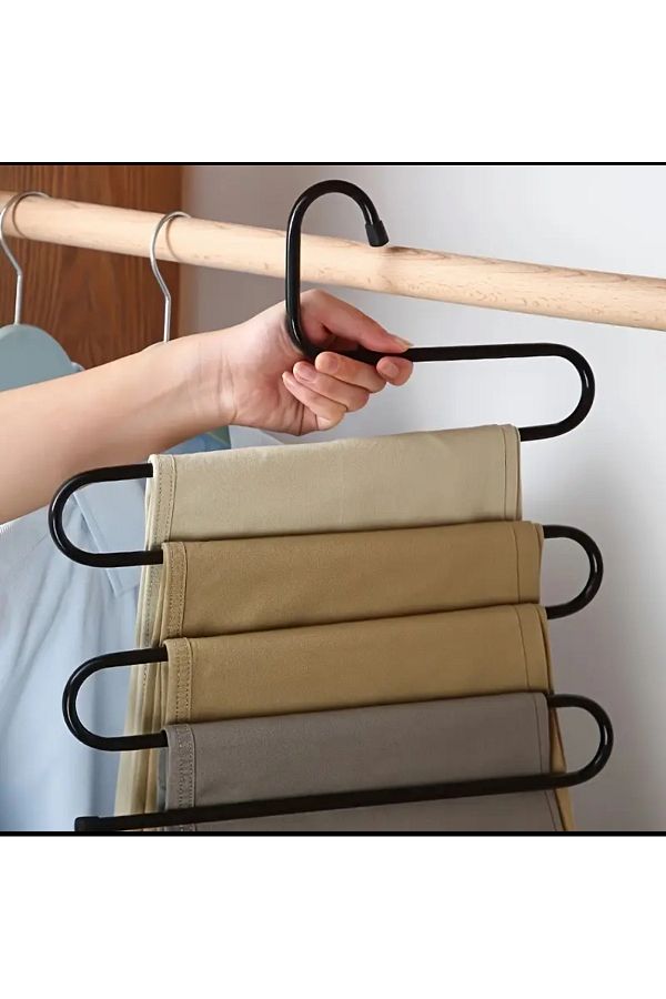 Turkco-(5 Pieces) 5-Layer Multi-Layer S-Shape Trouser Scarf Towel Rack Does Not Leave Marks, Non-Slip, Metal, Black 1