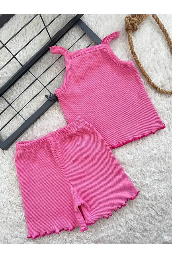 BAHNUR Pembe Fitilli Ribana Bebek Crop Takım Alt-üst Yazlık Şort Takım