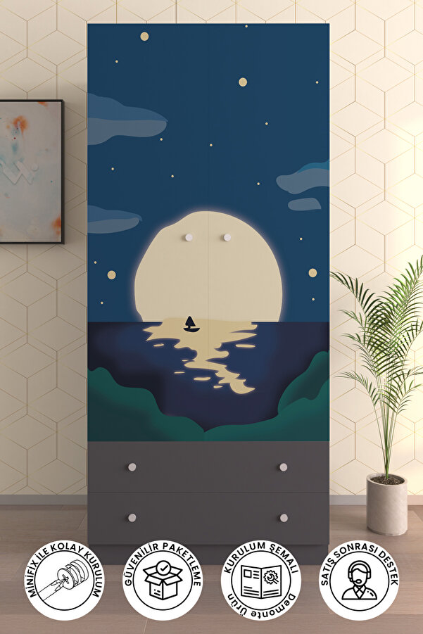 Hediyeler Kapında Çocuk Odası 2 Kapaklı Full Moon Gardırop 5 Raflı 2 Çekmeceli Askılı Elbise Dolabı