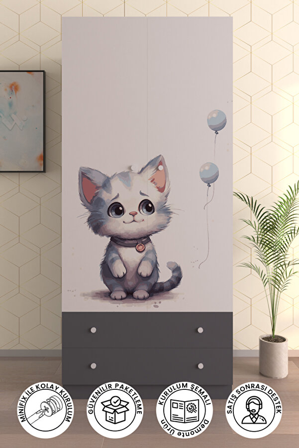 Hediyeler Kapında Antrasit Çocuk Odası 2 Kapaklı LONELY CAT Gardırop 5 Raflı 2 Çekmeceli Askılı Elbise Dolabı