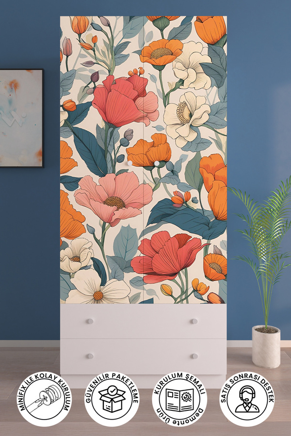 Hediyeler Kapında Çocuk Odası 2 Kapaklı Flower Burst Gardırop 5 Raflı 2 Çekmeceli Askılı Elbise Dolabı