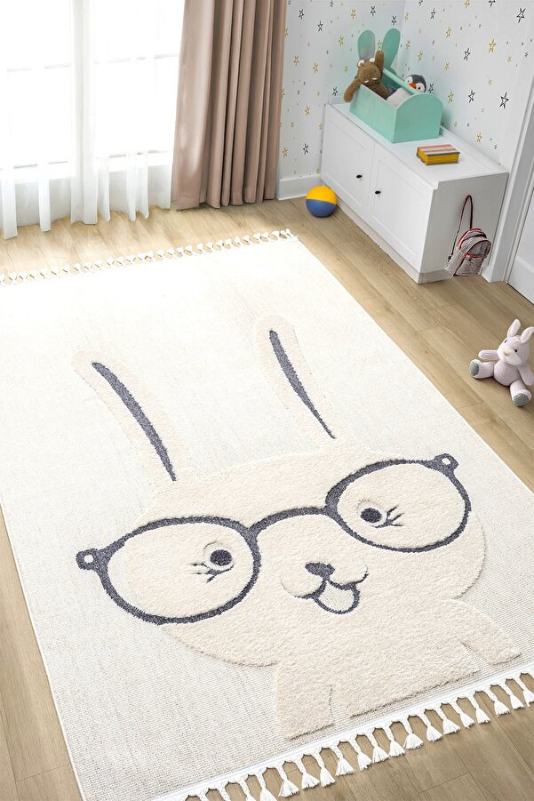 Eliz Home Krem Yumuşak Bukleli Tavşan Figürlü Dokuma Halı Bebek Odası Çocuk Odası Genç Odası Halısı 19