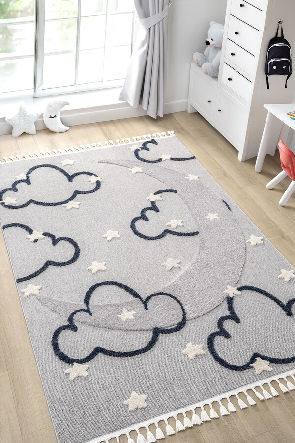 Eliz Home Gri Renk Yumuşak Bukleli Bulut Ay Dokuma Halı Bebek Odası Çocuk Odası Genç Odası Halısı 9