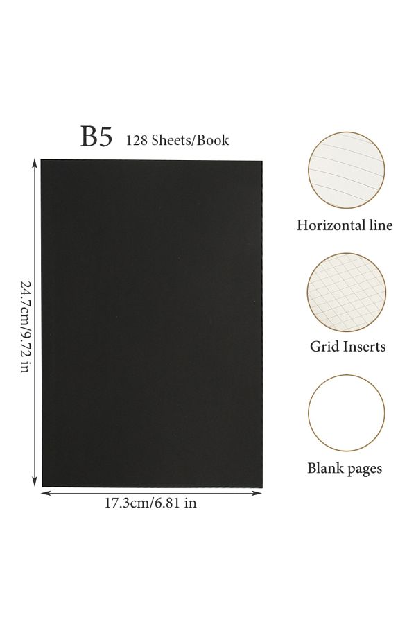 Choice-Blank pages B5 Black Cover A5/B5 Notebook,128 Sheets/256 Pages/Book,Blank,Horizontal Line and Grid P 1
