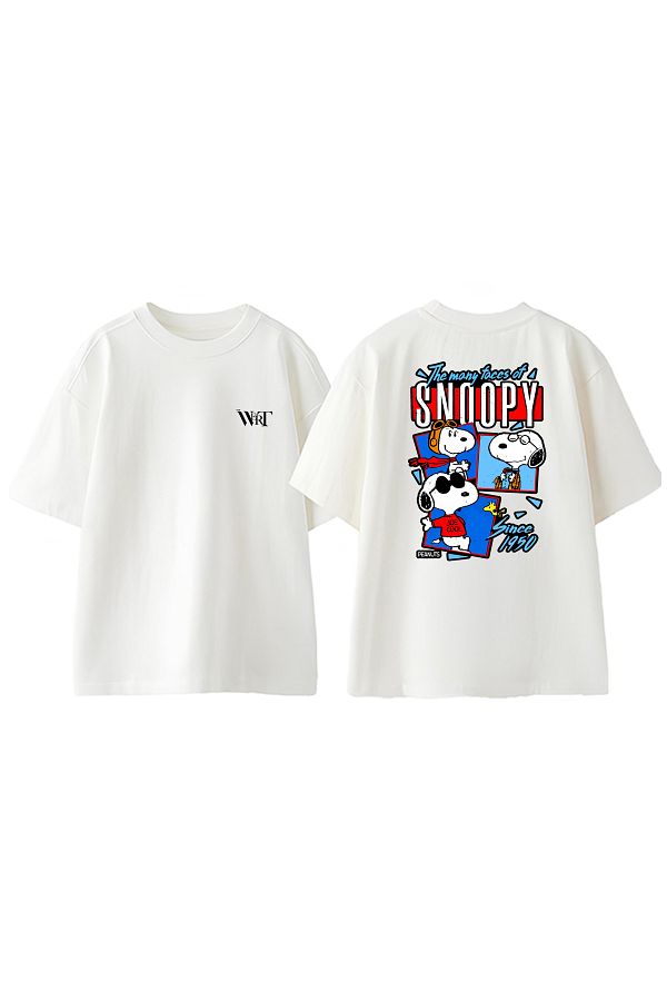 THEWERT-The Mony Face Of Snoopy Design Back Printed Βαμβακερό λευκό μπλουζάκι Oversize 1
