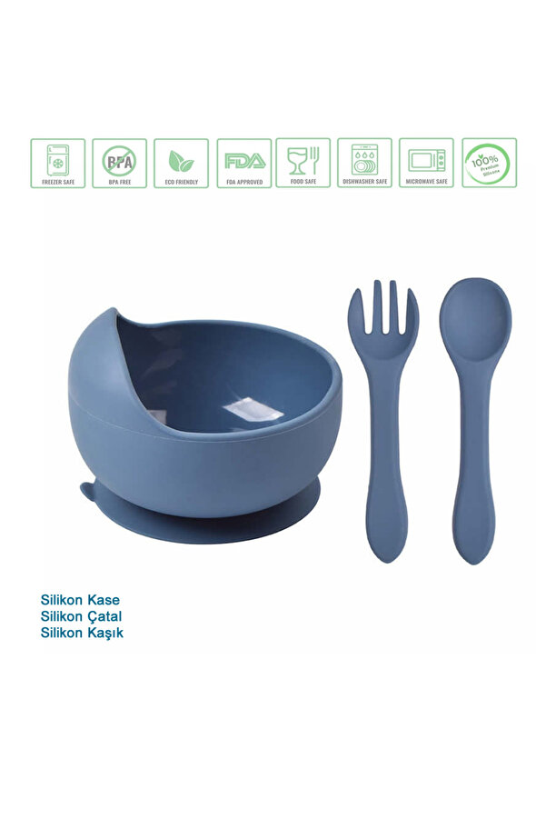 jojobebek Vakumlu Silikon Mama Kasesi, Altı Vakumlu Mama Kasesi, Silikon Kaşık-çatal / Lacivert