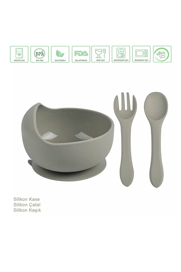 jojobebek Vakumlu Silikon Mama Kasesi, Altı Vakumlu Mama Kasesi, Silikon Kaşık-çatal / Gri