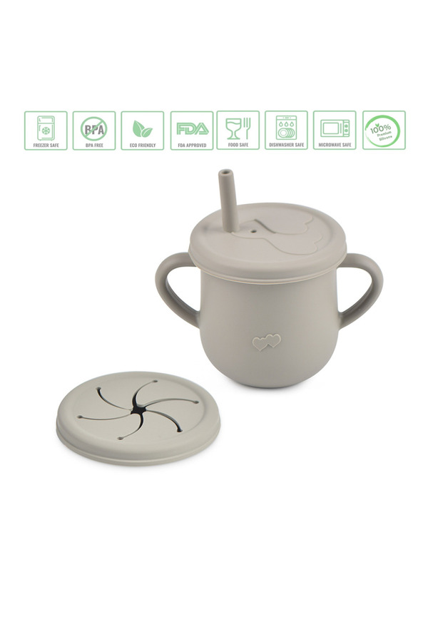 jojobebek Silikon Pipetli Bardak, ( Alıştırma Bardağı ) Çerez Kapağı / Gri