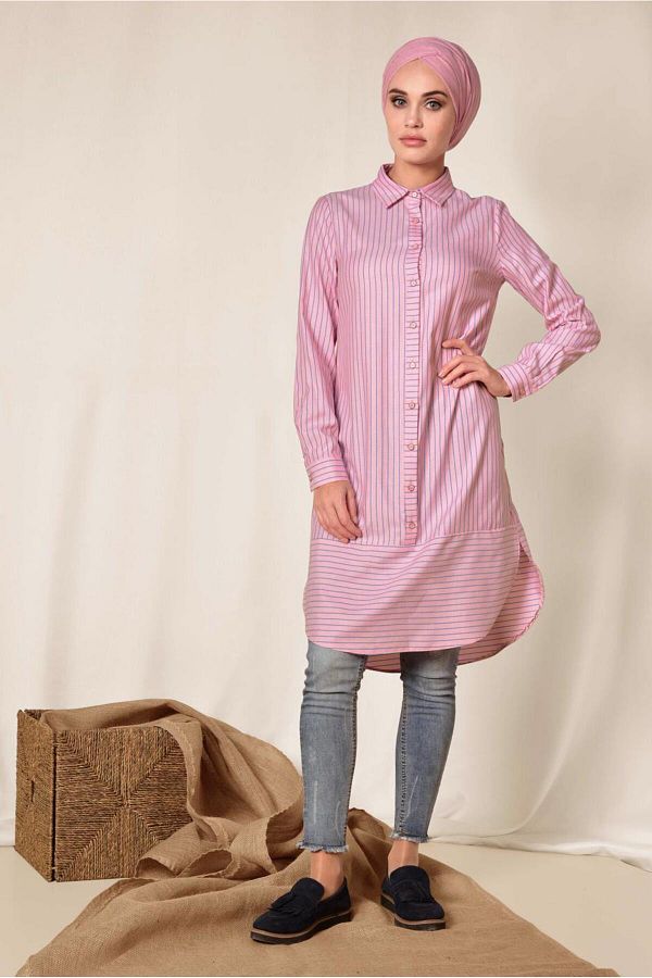 Alvina-4979 Model Buttoned Stripe Patterned Tunic 1