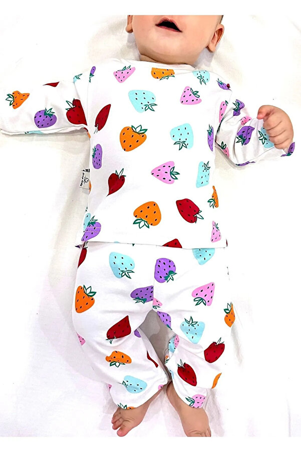 Drop Kids Bebek Pijama Takımı Renkli Çilek Desen %100 Pamuk Yenidoğan Çocuk Pijama