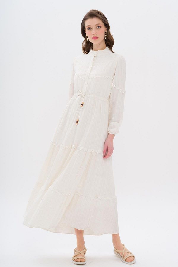 Olcay-Gerafftes Kleid in Leinenoptik mit Muscheldetail an der Taille, Creme 9235-e 1