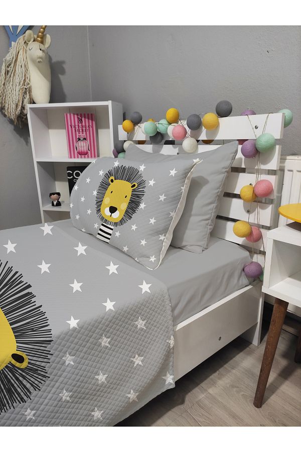 yok yok evim eve dair her şey-4 Piece Cute Lion Patterned Single Pique Bedspread Set with Elastic Sheets 1