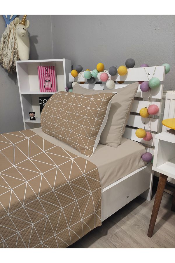 yok yok evim eve dair her şey-4 Piece Geometry Patterned Single Pique Bedspread Set with Elastic Sheets 1