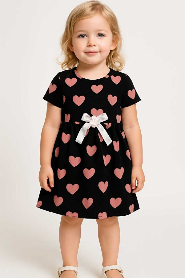 aden kids Rahat Kullanım Siyah Kalp Baskılı Kız Çocuk Yazlık Penye Elbise - Nefes Alan Likralı Kumaş