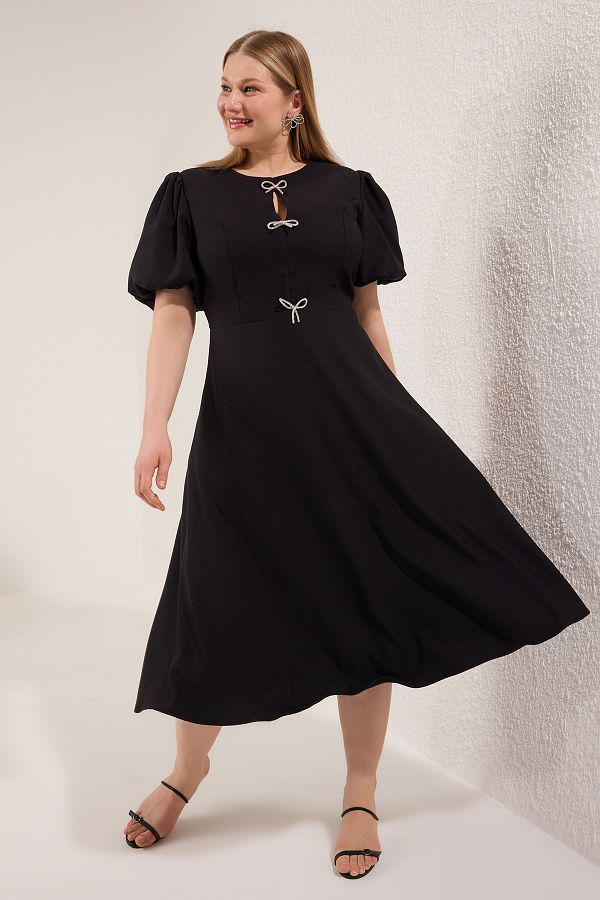 Trendyol Curve-Rochie neagră cu țesut cu fundă în linie A TBBSS25AH00224 1