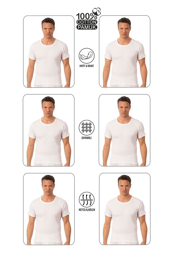 ÖZKAN underwear-Özkan 0059 6 Pack Men's 100% Cotton Single Jersey Fabric Open Neck Half Sleeve Undershirt 1
