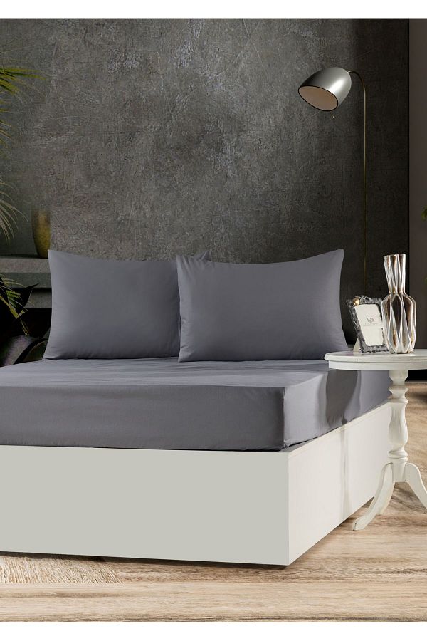 Sivalde-100% Cotton Ranforce Double Fitted Anthracite Pillowcase Elastic Sheet Set 1