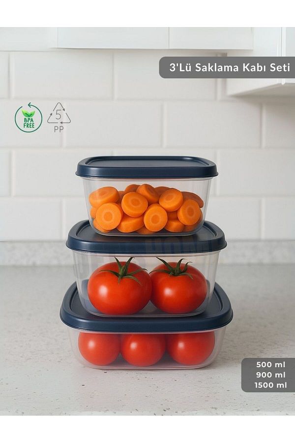 Jet's Home-Set of 3 Storage Containers Square Food Container Bpa Free Suitable for Deep Freezer 500-900-1500 ml 1