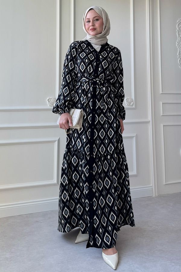 InStyle-Rochie neagră din viscoză marmorată cu model triunghi 1