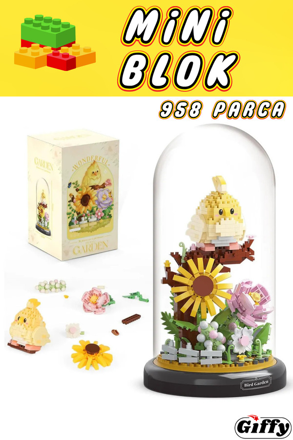 giffy-Decorative Flower Mini Building Block Set 958 Pieces Boxed Sunflower Bird Garden with Bell Jar Combination Structure 1
