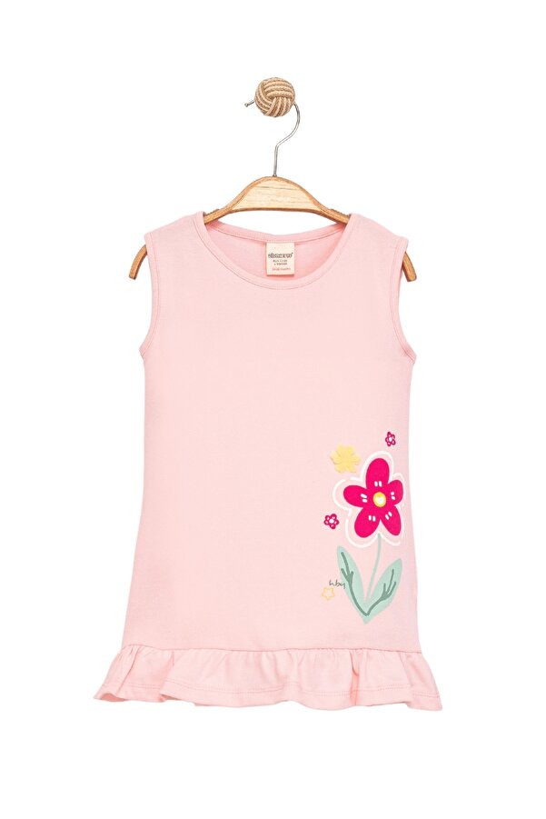 Divonette Kız Çocuk Kolsuz Pamuklu Çiçek Desenli Fırfırlı Etek Ucu Pembe Elbise