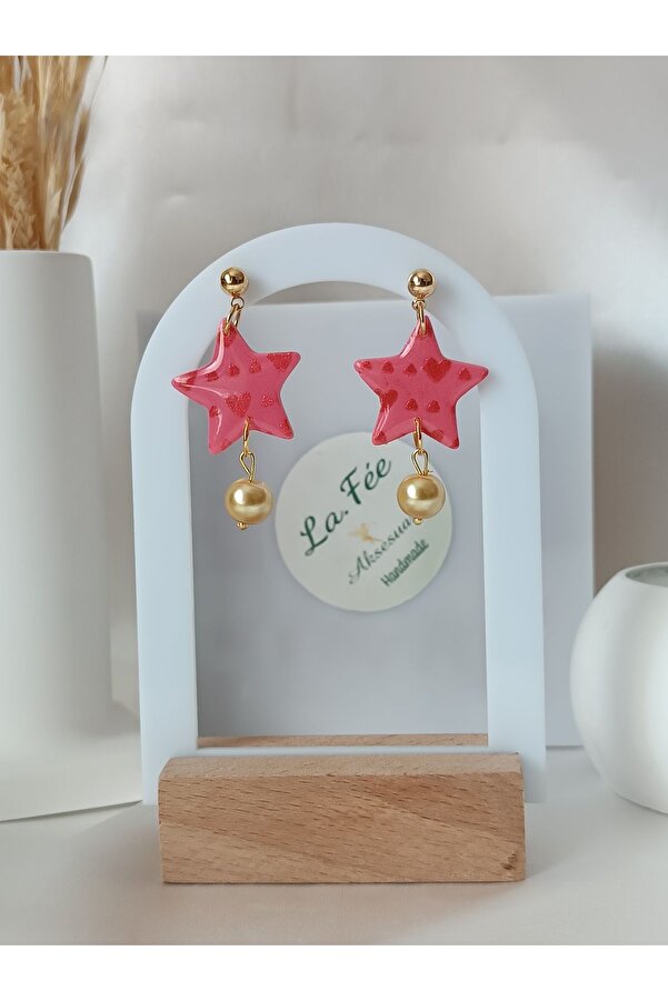 La fee aksesuar-Pink Women's Earrings Polymer Clay Earrings Pink Star Pearl Earrings 1