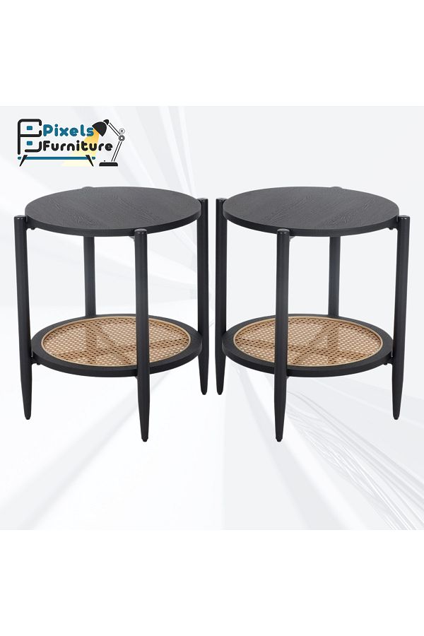 PixelsFurniture-Set of 2 Round Side Table 2 Layers Pixel Furniture Coffee Table with Wood Top, Rattan Bottom Shelf and Metal Ends 1