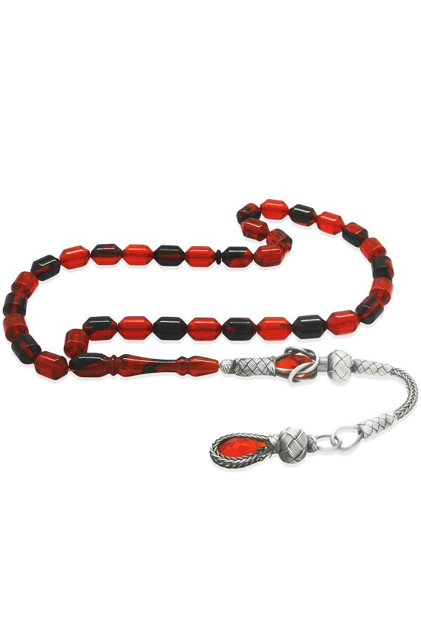 Tesbihane-1000 Sterling Silver Kazaz Tasseled Tip Capsule Cut Red-Black Fire Amber Prayer Beads 1