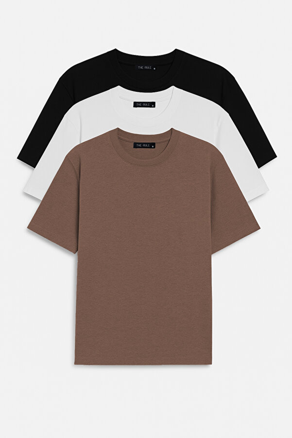 Unisex 3'lü Paket Siyah-beyaz-kahve Oversize %100 Pamuk Bol Geniş Kesim Bisiklet Yaka Basic Tişört