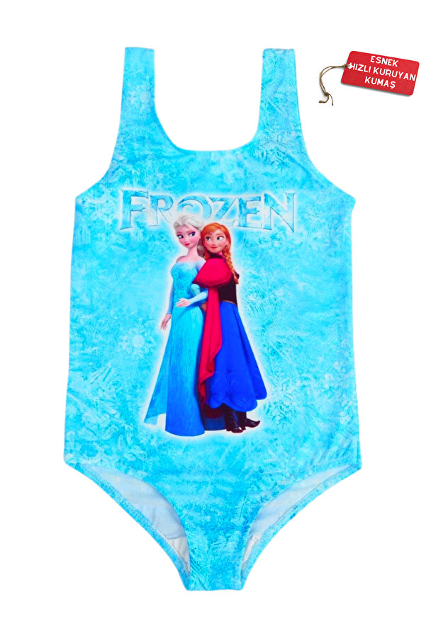 FırsatYeri Şık Kız Çocuk Mayosu Mavi Karlar Ülkesi Frozen Desenli Rahat Hızlı Kuruyan Deniz Havuz Plaj Bikinisi