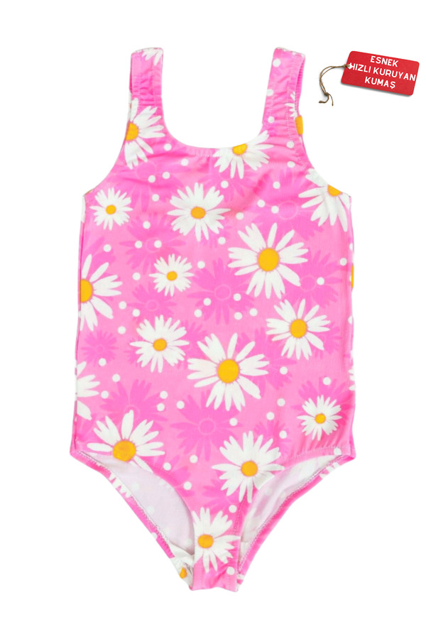 FırsatYeri Kız Çocuk Mayo Pembe Beyaz Papatya Desenli Rahat Hızlı Kuruyan Mayo Deniz Havuz Plaj Mayosu