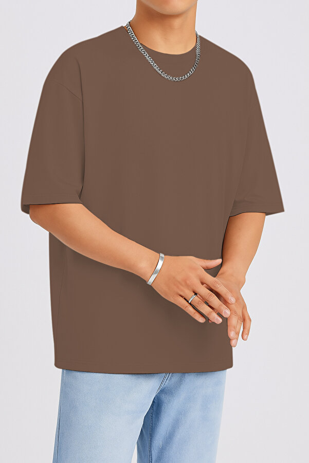 Unisex Oversize %100 Pamuk Geniş Kesim Yumuşak Dokulu Basic Bisiklet Yaka Kahverengi T-Shirt RF0506