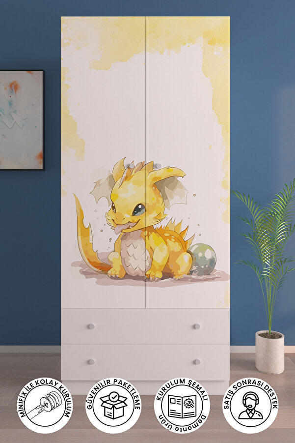 Hediyeler Kapında Çocuk Odası 2 Kapaklı Sunny Dino Gardırop 5 Raflı 2 Çekmeceli Askılı Elbise Dolabı