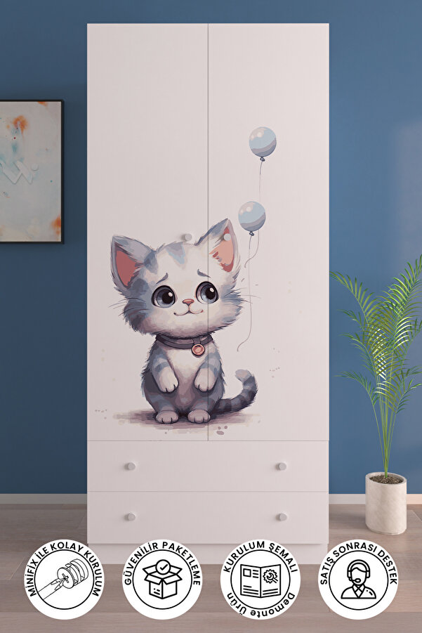 Hediyeler Kapında Beyaz Çocuk Odası 2 Kapaklı LONELY CAT Gardırop 5 Raflı 2 Çekmeceli Askılı Elbise Dolabı