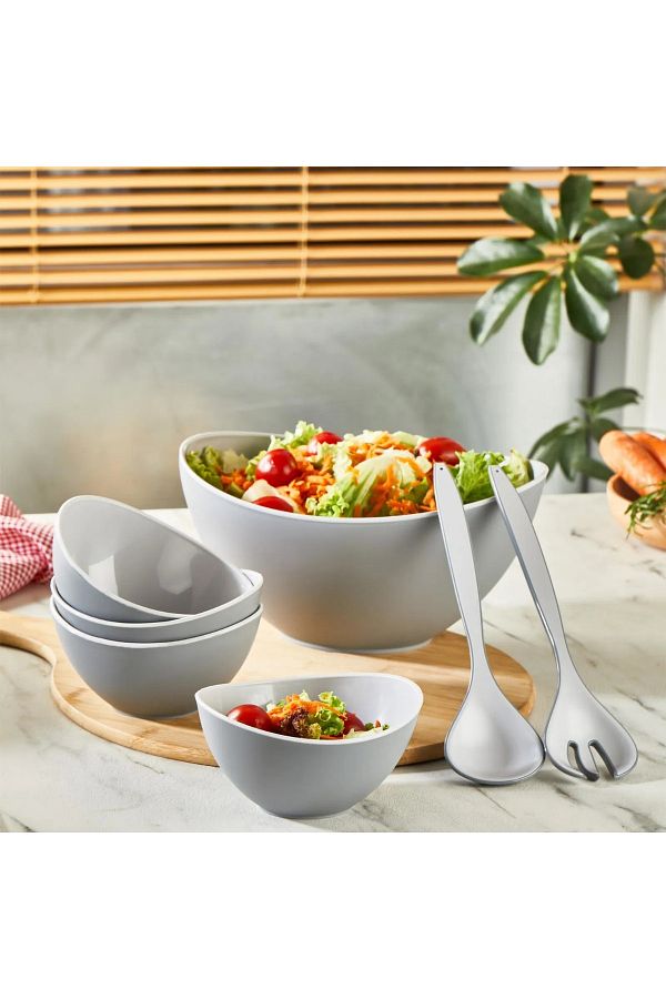 Dania-Plastic salad serving set consisting of a large bowl with 4 small yogurt bowls with a spoon and fork, 7 pieces 1