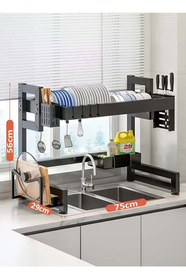Taimi-Over Sink Dish Drying Rack (75cm) with Cutlery Basket, Knife and Cutting Board Holder Black 1