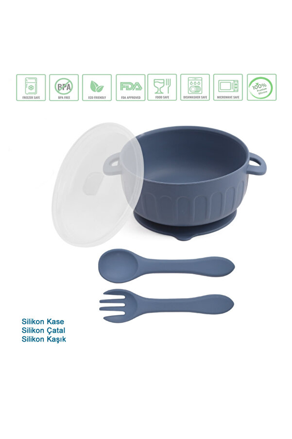 jojobebek Vakumlu Silikon Kapaklı Mama Kasesi, Altı Vakumlu Mama Kasesi, Silikon Kaşık Ve Çatal / Lacivert