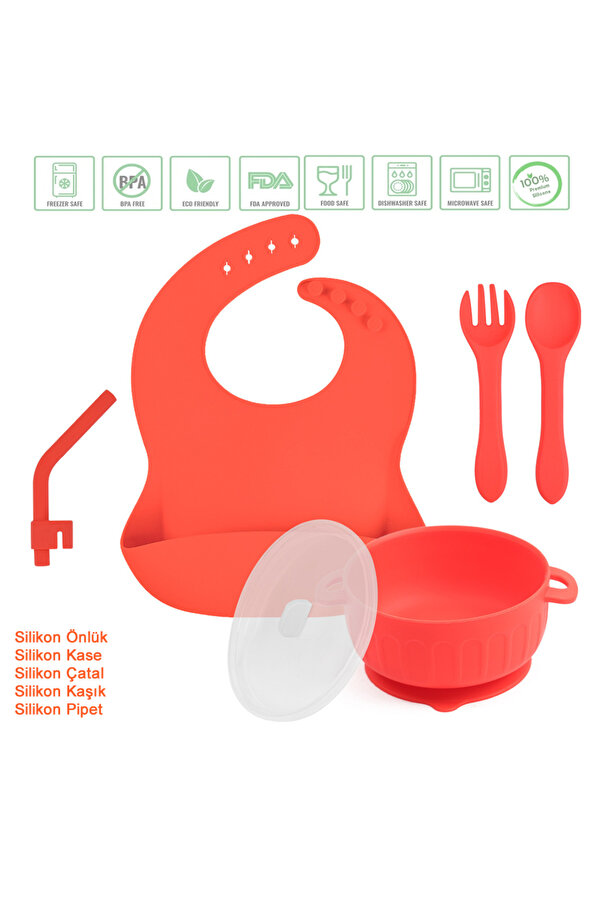 jojobebek Silikon Beslenme Seti Silikon Vakumlu Kapaklı Mama Kase, Silikon Önlük, Çatal-kaşık / Kırmızı Renk