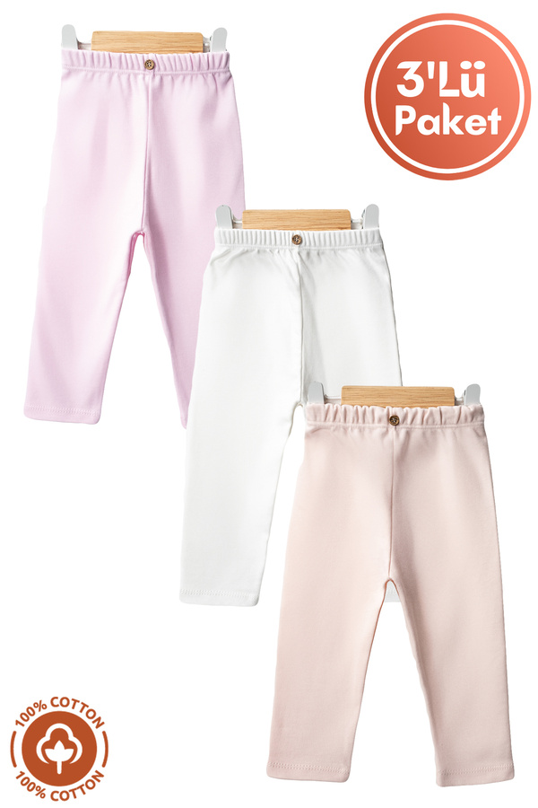 Miniel Unisex Bebek Düğme Detaylı Tayt Model %100 Organik Pamuklu Penye Bebek Pantolon Tek Alt 3Lü Set