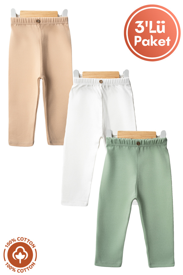 Miniel Unisex Bebek Düğme Detaylı Tayt Model %100 Organik Pamuklu Penye Bebek Pantolon Tek Alt 3Lü Set