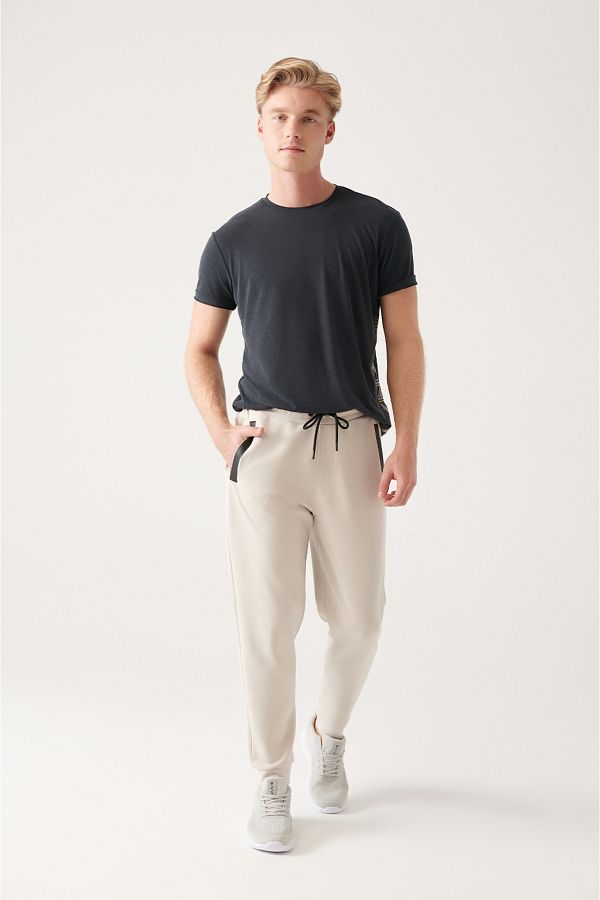 Avva-Pantaloni de trening pentru bărbați Ecru - Soft Touch, șireturi în talie și picioare elastice A31y3407 1