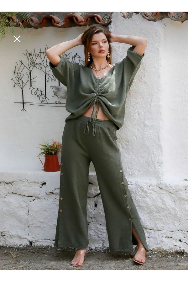 DAPHN-Muslin Top and Bottom Set Summer, Lightweight Fabric, Drawstring and Button Detail 1