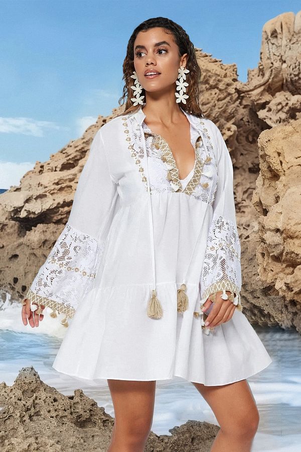 Trendyol Collection-Fehér szőtt 100% pamut csipke mini strandruha TBESS20EL0862 1