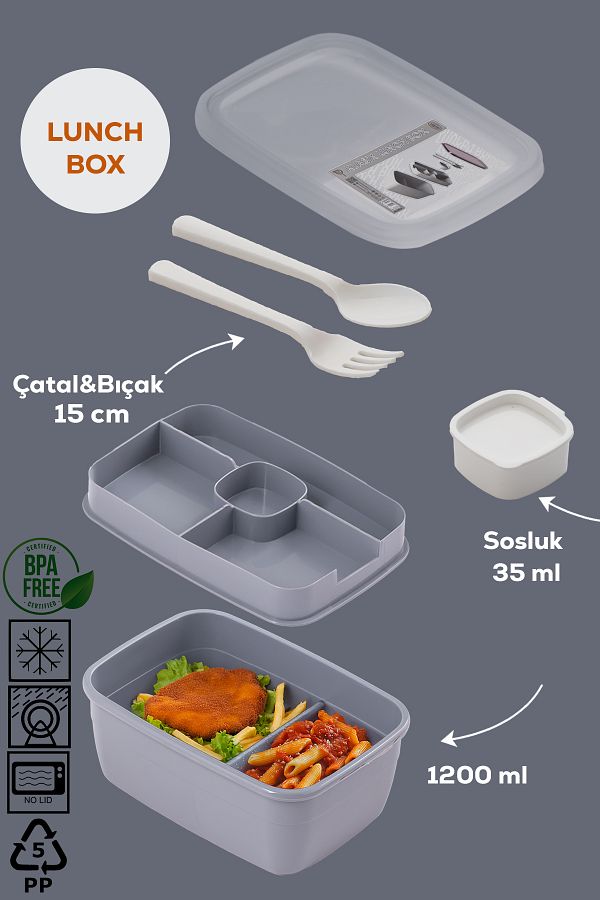 Porsima-3201 Vacuum Self-Feeding Lunch Box with Spoon, Fork and Sauce Bowl - 2-Tier Lunch Box - Lunch Box 1